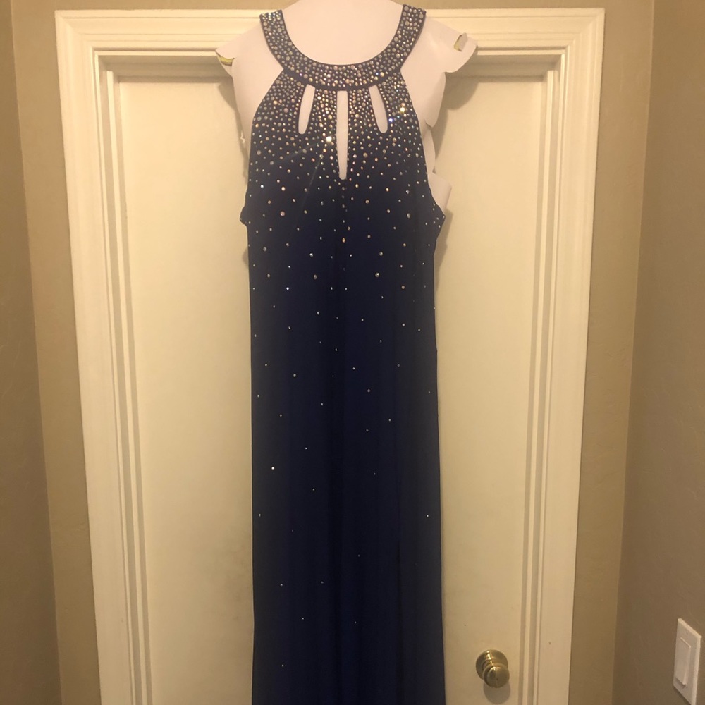 Navy blue long dress with Rhinestone